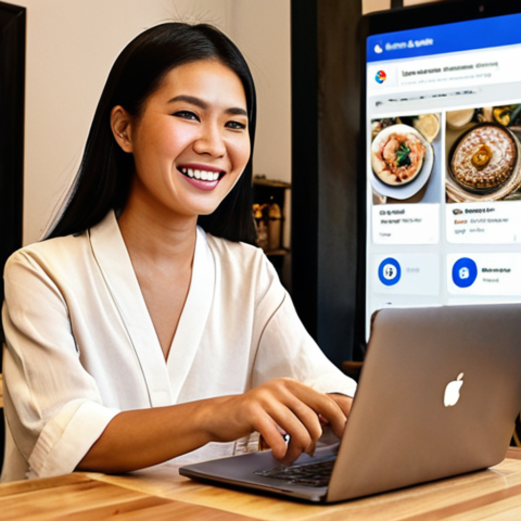 **A modern Thai female entrepreneur, in her late 20s to early 30s, smiles confidently as she navigates various digital marketing tools on a laptop and smartphone simultaneously. The background shows subtle hints of a chic Thai cafe or a small boutique shop. On the screens, we see glimpses of a well-designed Facebook page, an e-commerce website, and a Google Maps listing with positive reviews. The overall mood is vibrant and optimistic, symbolizing accessible digital growth for small businesses in Thailand.**