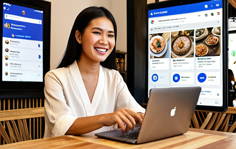 **A modern Thai female entrepreneur, in her late 20s to early 30s, smiles confidently as she navigates various digital marketing tools on a laptop and smartphone simultaneously. The background shows subtle hints of a chic Thai cafe or a small boutique shop. On the screens, we see glimpses of a well-designed Facebook page, an e-commerce website, and a Google Maps listing with positive reviews. The overall mood is vibrant and optimistic, symbolizing accessible digital growth for small businesses in Thailand.**