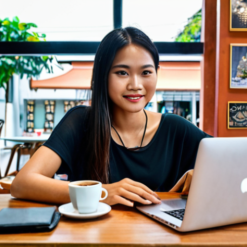 Home 19 **
Prompt: Successful Thai freelance digital marketer working from a stylish cafe in Bangkok, laptop open, enjoying a coffee, radiating confidence and financial freedom. Focus on modern, digital nomad lifestyle.
**