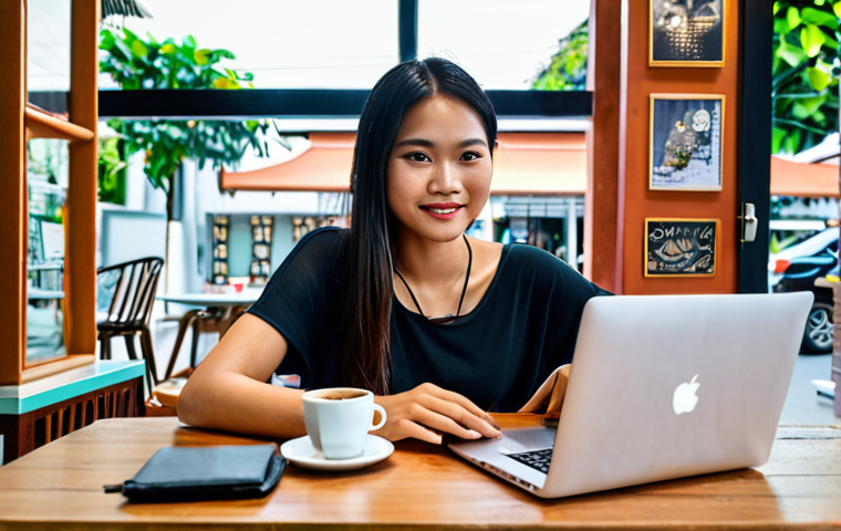 **

Prompt: Successful Thai freelance digital marketer working from a stylish cafe in Bangkok, laptop open, enjoying a coffee, radiating confidence and financial freedom. Focus on modern, digital nomad lifestyle.

**