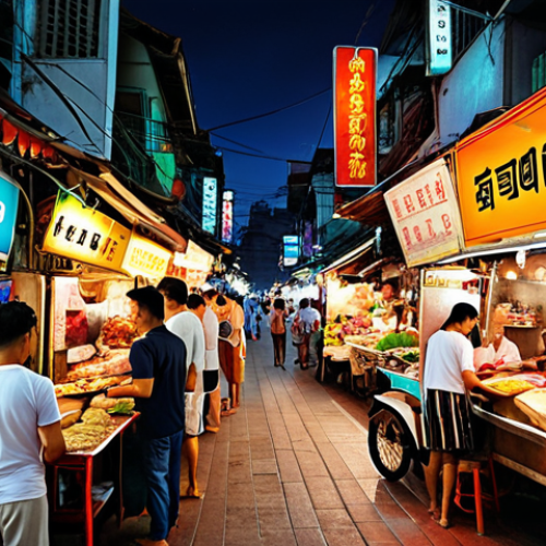 Home 18 ** Vibrant Thai street food market at night. Focus on the colorful signs, delicious looking food stalls, and bustling crowd. Incorporate elements of modern Thai marketing like eye-catching promotional banners.
**