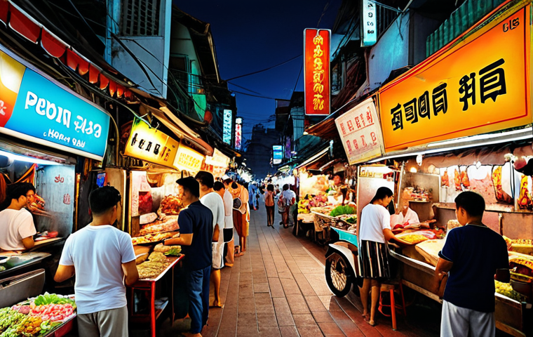 ** Vibrant Thai street food market at night. Focus on the colorful signs, delicious looking food stalls, and bustling crowd. Incorporate elements of modern Thai marketing like eye-catching promotional banners.

**