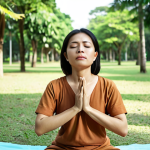 **

*Prompt:* A Thai marketing professional practicing deep breathing exercises in a serene park setting, emphasizing calm and stress reduction. Focus on peaceful colors and nature.

**