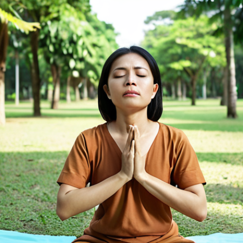 Home 9 **
*Prompt:* A Thai marketing professional practicing deep breathing exercises in a serene park setting, emphasizing calm and stress reduction. Focus on peaceful colors and nature.
**