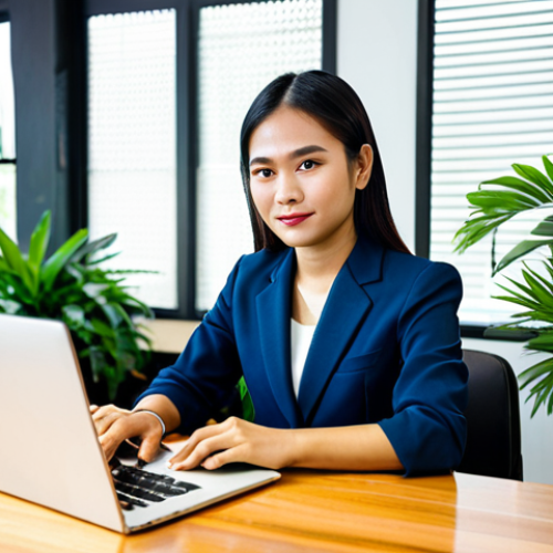 Home 21 Modern Thai Entrepreneur**
"A confident Thai businesswoman in her late 20s, wearing a stylish and modest business suit, working on a laptop at a modern co-working space in Bangkok, Thailand. She is surrounded by plants and enjoys a cup of Thai iced tea. The image should convey a sense of success, integration of technology, and the vibrant Thai startup culture. Perfect anatomy, well-formed hands, natural pose, appropriate attire, safe for work, professional photography, high quality."
**