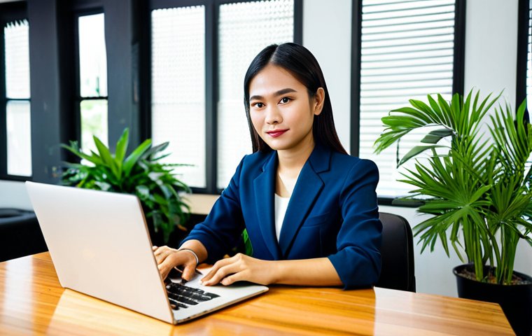 Modern Thai Entrepreneur**

"A confident Thai businesswoman in her late 20s, wearing a stylish and modest business suit, working on a laptop at a modern co-working space in Bangkok, Thailand. She is surrounded by plants and enjoys a cup of Thai iced tea. The image should convey a sense of success, integration of technology, and the vibrant Thai startup culture. Perfect anatomy, well-formed hands, natural pose, appropriate attire, safe for work, professional photography, high quality."

**
