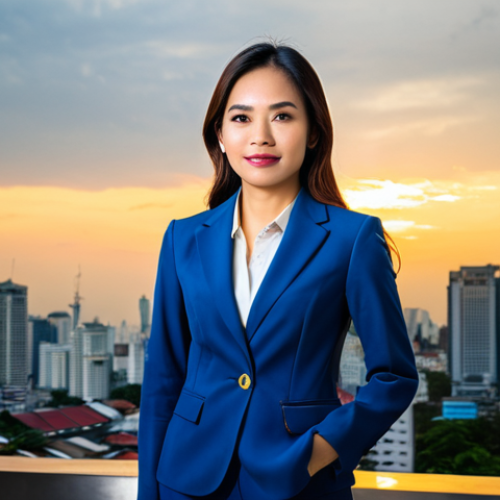 Home 20 **
A professional Thai businesswoman in a modern, modest business suit, standing confidently in front of a vibrant Bangkok cityscape at sunset, fully clothed, appropriate attire, safe for work, perfect anatomy, natural proportions, professional corporate photography, high quality, family-friendly.
**
