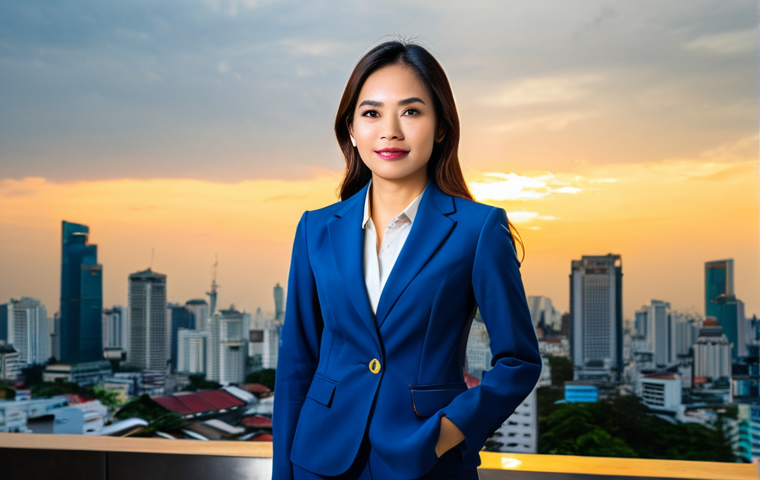 **
A professional Thai businesswoman in a modern, modest business suit, standing confidently in front of a vibrant Bangkok cityscape at sunset, fully clothed, appropriate attire, safe for work, perfect anatomy, natural proportions, professional corporate photography, high quality, family-friendly.
**