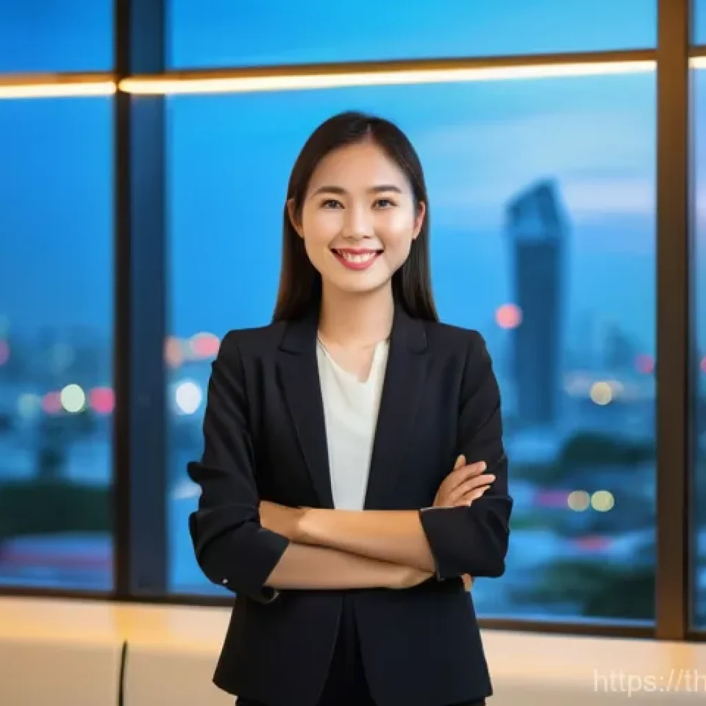 마케팅관리사 필기 대비 학습 스케줄 - **Prompt:** A confident young Thai woman, aged 25-30, stands proudly in a brightly lit, modern offic...