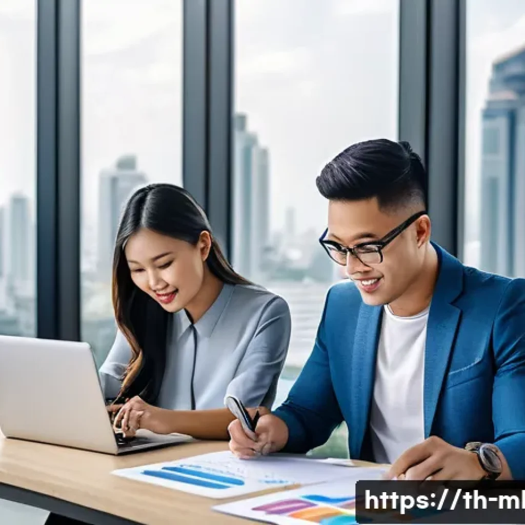 마케팅관리사 자격증과 실무 연계 - A modern Thai marketing team collaborating in a bright, open office space with large windows showing...