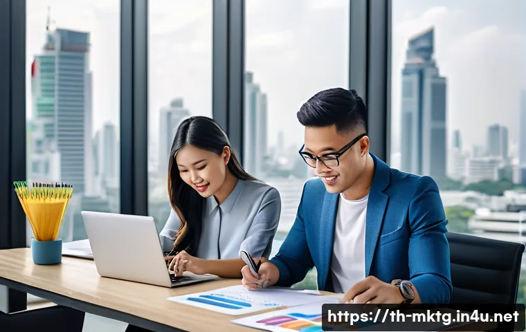 마케팅관리사 자격증과 실무 연계 - A modern Thai marketing team collaborating in a bright, open office space with large windows showing...