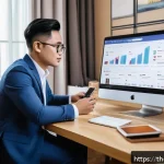 Home 21 마케팅관리사 실무 일기 공유 플랫폼 - A detailed digital marketing workspace scene featuring a Thai entrepreneur analyzing social media pl...