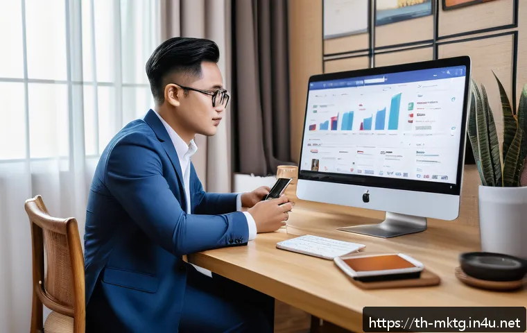 마케팅관리사 실무 일기 공유 플랫폼 - A detailed digital marketing workspace scene featuring a Thai entrepreneur analyzing social media pl...