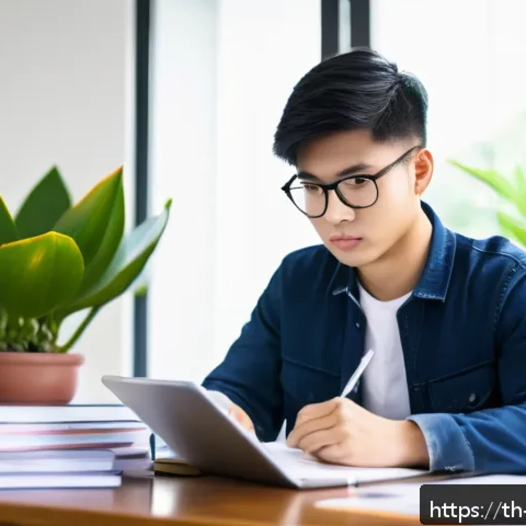 마케팅관리사 자격증 추천 참고 자료 - A focused Thai university student studying marketing at a modern desk with textbooks, a laptop displ...