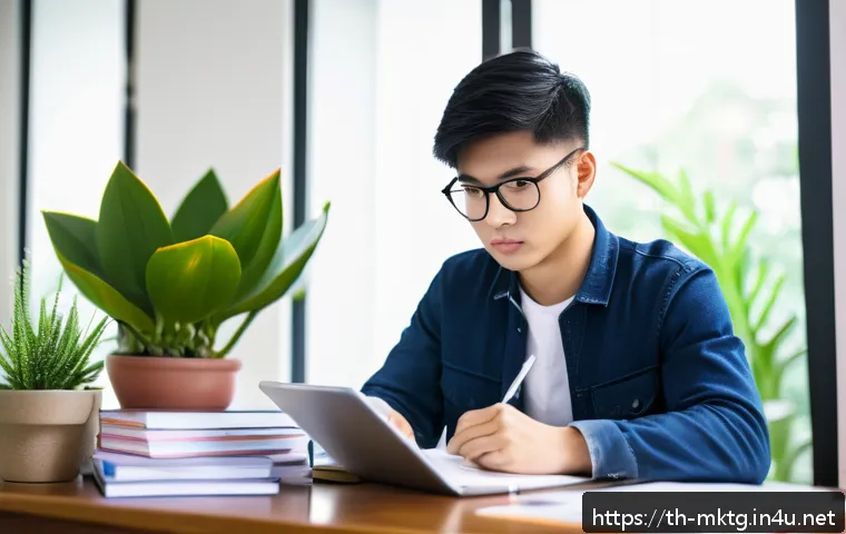 마케팅관리사 자격증 추천 참고 자료 - A focused Thai university student studying marketing at a modern desk with textbooks, a laptop displ...