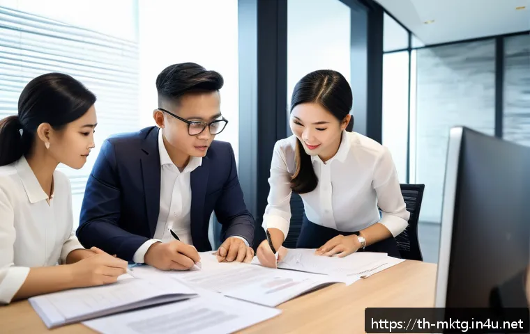 마케팅관리사 시험에서 자주 언급되는 법령 - A modern Thai marketing office scene showing a diverse team of professionals collaborating over busi...