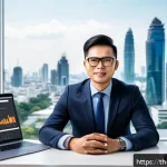 Home 18 마케팅관리사 취업 준비 필수 문서 - A professional Thai digital marketing specialist working at a modern office desk with multiple scree...