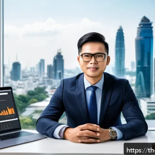 Home 30 마케팅관리사 취업 준비 필수 문서 - A professional Thai digital marketing specialist working at a modern office desk with multiple scree...