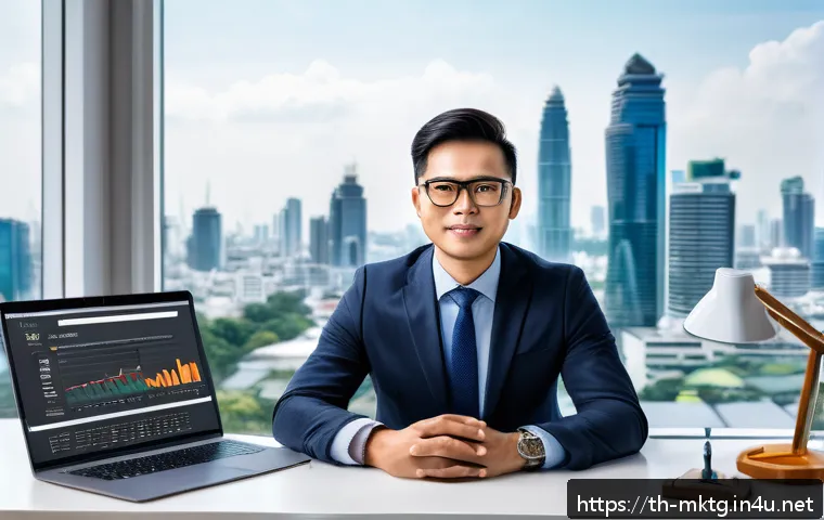 마케팅관리사 취업 준비 필수 문서 - A professional Thai digital marketing specialist working at a modern office desk with multiple scree...