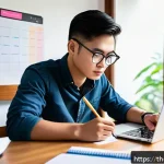 마케팅관리사 자격증 준비 기간 - A focused Thai student studying marketing management at a tidy wooden desk in a bright, peaceful roo...