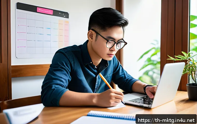 마케팅관리사 자격증 준비 기간 - A focused Thai student studying marketing management at a tidy wooden desk in a bright, peaceful roo...