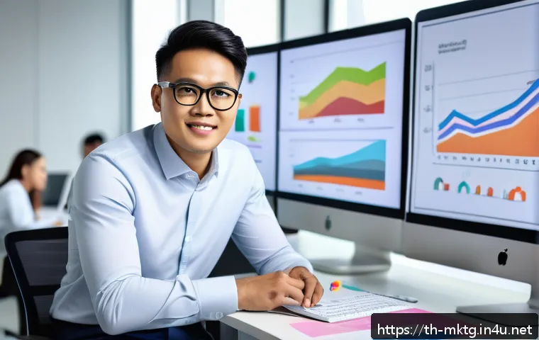 마케팅관리사 시험 이후 합격자 소감 공유 - A professional marketing manager in a modern office environment, wearing smart business casual attir...